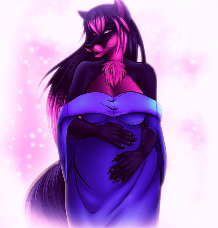 abstract_background anthro belly big_belly breasts claws cleavage clothed clothing dress female fur hair lips long_hair looking_at_viewer open_mouth paws pink_body pink_eyes pink_fur pink_hair pregnant pregnant_anthro pregnant_female purple_body purple_clothing purple_dress purple_fur purple_hair simple_background solo tail whiskers rafflone hyosube canid canine fox mammal hi_res