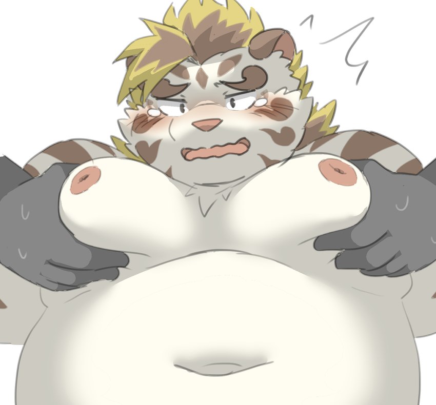 anthro belly big_belly blush bodily_fluids disembodied_hand duo kemono male moob_grab moobs navel nipples overweight overweight_male simple_background solo_focus surprise sweat tears white_background white_body ptcmtr lifewonders tokyo_afterschool_summoners licho_(tas) felid mammal pantherine tiger 2023 hi_res