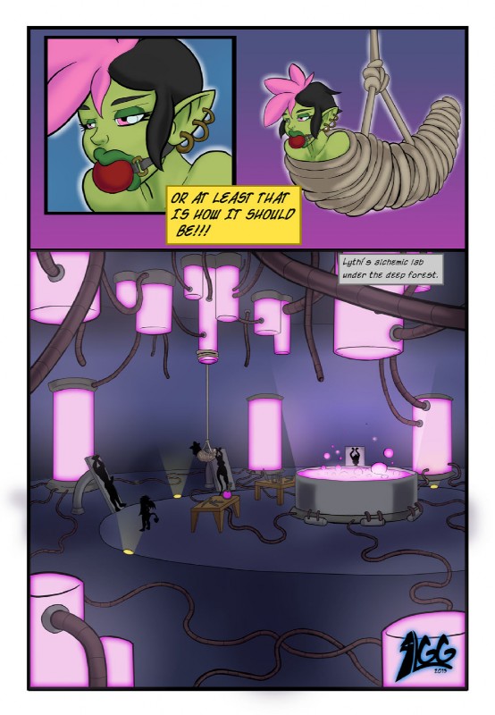 bound captured female hair multicolored_hair not_furry text two_tone_hair lurkergg corruption_of_champions tamani_(coc) demon goblin humanoid 2013 comic english_text hi_res