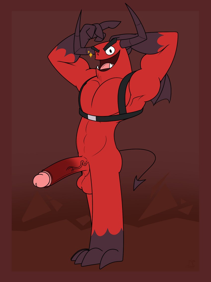 balls foreskin genitals half-erect harness horn looking_at_viewer male one_eye_closed penis pose red_body red_skin retracted_foreskin solo tail wings wink winking_at_viewer rat_snacks demon_(rat_snacks) demon humanoid 3:4 hi_res pinup