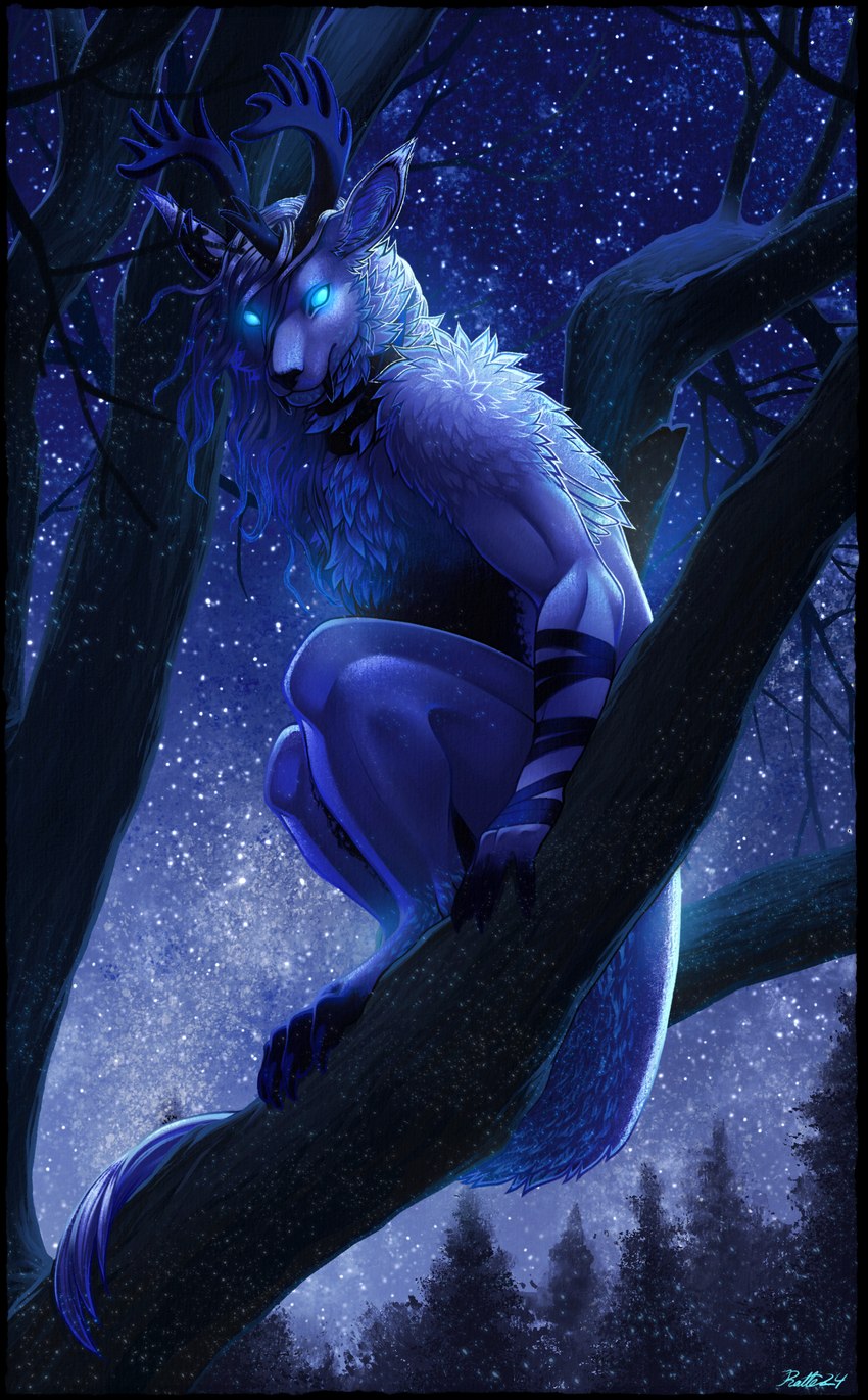 ambiguous_gender anthro antlers biped black_antlers black_body black_nose black_teeth blue_eyes border claws crouching detailed_background digitigrade feet finger_claws fingerless_(marking) fingers fluffy forest forest_background fur glowing glowing_eyes hair horn in_tree inner_ear_fluff long_hair long_tail looking_at_viewer multicolored_body muscular muscular_ambiguous muscular_anthro nature nature_background neck_wraps night no_pupils nude outside plant sky snow snowing solo tail tail_tuft teeth toe_claws toeless_(marking) toes transparent_border tree tuft two_tone_body white_body white_ears white_fur white_hair white_inner_ear_fluff white_tail white_tail_tuft wraps wrist_wraps conditional_dnp ratte legacy_(ratte) airyria croioghir elemental_creature hybrid mammal mineral_fauna ratteguhn snow_creature tundra_ratteguhn 2024 absurd_res alpha_channel digital_media_(artwork) digital_painting_(artwork) hi_res signature