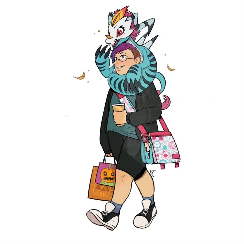 carrying_another container cup duo eyewear feral glasses hair mask on_shoulders red_eyes red_hair walking lupiebarbablu bandai_namco digimon digimon_(species) gomamon human hybrid mammal seadramon 1:1 hi_res