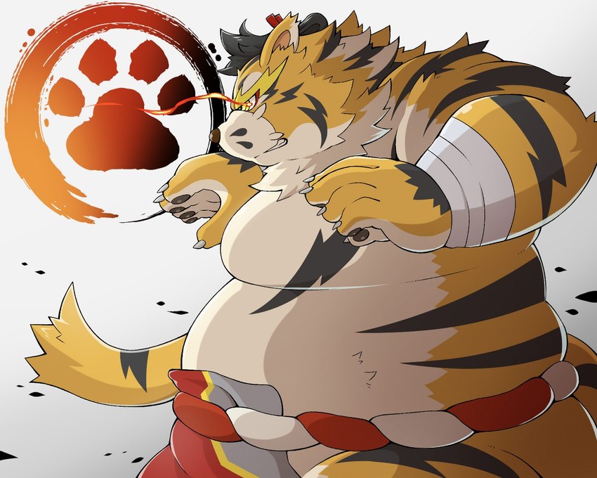 anthro asian_clothing bandage belly big_belly clothing east_asian_clothing humanoid_hands japanese_clothing kemono male mawashi moobs overweight overweight_male solo sumo pomupomu490 sengoku_puzzle raiden_tameemon felid mammal pantherine tiger 2024 5:4 hi_res