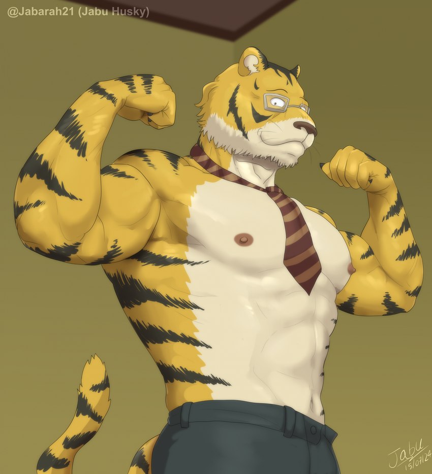 abs anthro flexing male muscular muscular_anthro muscular_male necktie nipples pecs solo striped_body stripes tail jabuhusky beastars principal_gon_(beastars) felid mammal pantherine siberian_tiger tiger hi_res