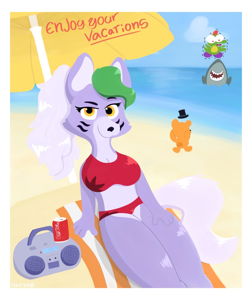 anthro bikini border breasts clothing female smile solo swimwear thick_thighs two-piece_swimsuit vacation white_border mestysa five_nights_at_freddy's five_nights_at_freddy's:_security_breach scottgames steel_wool_studios freddy_(fnaf) montgomery_gator roxanne_wolf alligator alligatorid bear canid canine canis crocodilian mammal reptile scalie wolf 2024 absurd_res digital_media_(artwork) hi_res