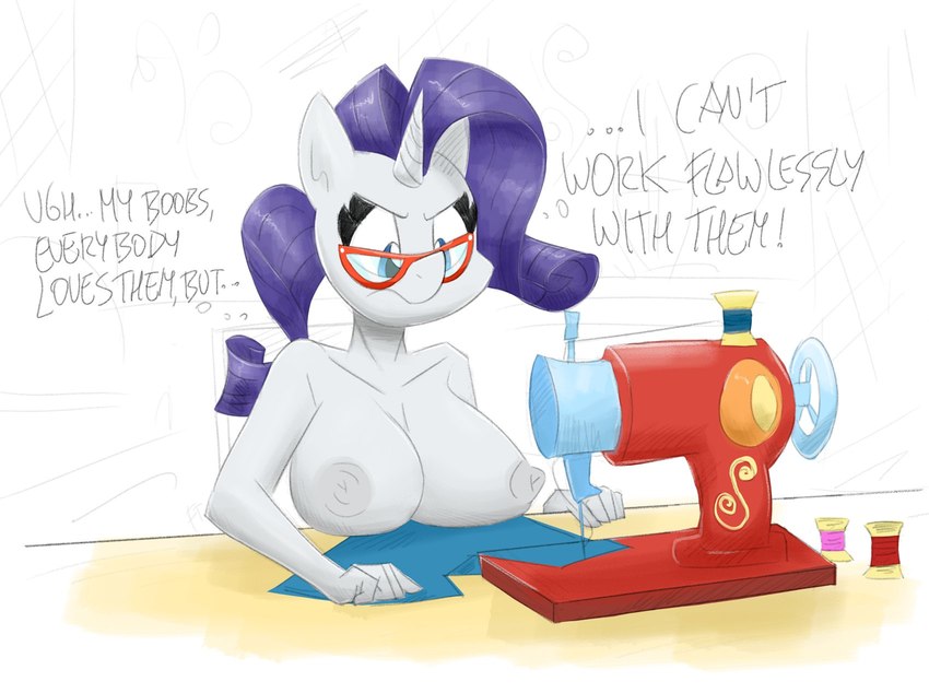 anthro anthrofied areola big_breasts blue_eyes breasts cat_eye_glasses collarbone eyelashes eyewear female frustrated furniture glasses hair horn inner_monologue looking_down machine nipples purple_hair sewing_machine solo spool table thinking ugh white_areola white_body white_nipples flutterthrash friendship_is_magic hasbro my_little_pony mythology rarity_(mlp) equid equine mammal mythological_creature mythological_equine unicorn hi_res