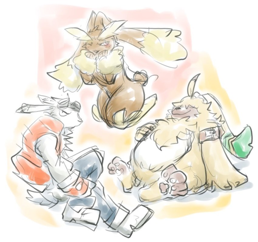 anthro brown_body brown_fur fluffy fur group hair hair_over_eyes long_ears male ponytail_ears trio white_body white_fur yellow_body yellow_fur caffeinecanine bandai_namco digimon digimon_ghost_game nintendo pokemon summer_wars king_kazma angoramon digimon_(species) generation_4_pokemon lagomorph leporid lopunny mammal pokemon_(species) rabbit