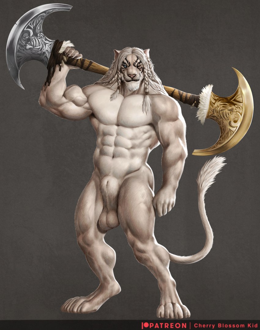 abs animal_genitalia anthro axe balls big_balls big_sheath biped blue_eyes braided_hair claws digitigrade double_axe eye_scar facial_scar finger_claws fully_sheathed fur genitals grey_background hair holding_melee_weapon holding_object holding_polearm holding_weapon male melee_weapon muscular muscular_anthro muscular_male nude_anthro nude_male palm_axe paws pecs polearm saggy_balls scar sheath simple_background solo standing tail tail_tuft tuft uneven_balls weapon white_balls white_body white_fur white_hair white_sheath cherry_blossom_kid hasbro magic:_the_gathering wizards_of_the_coast ajani_goldmane felid lion mammal pantherine 2024 digital_media_(artwork) full-length_portrait hi_res portrait