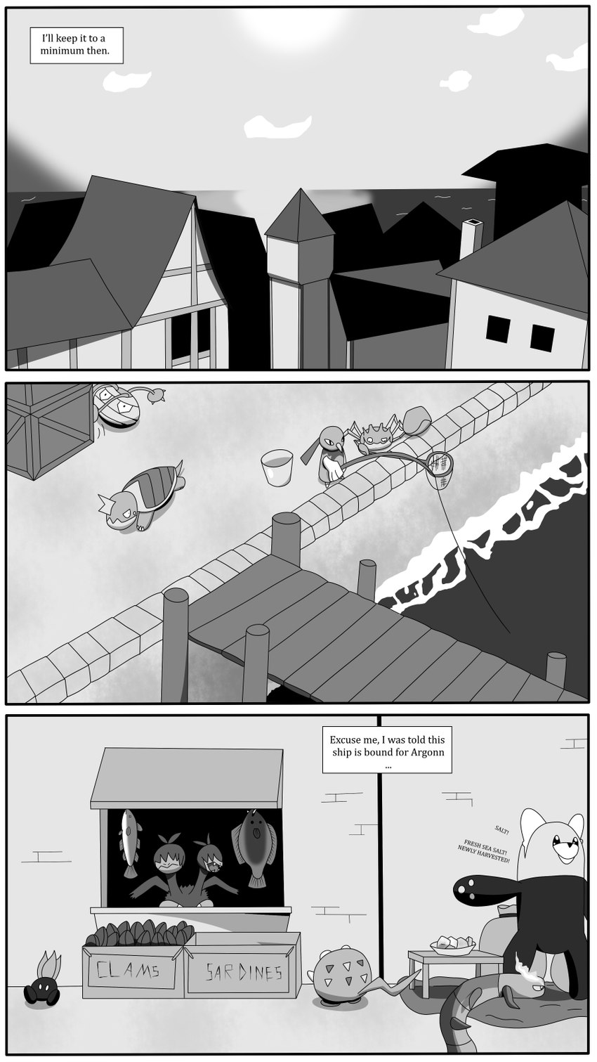 ambiguous_gender beak black_eyes black_nose black_text box bucket building cloud container day dialogue ellipsis exclamation_point fishing fishing_rod group holding_object house looking_at_another merchant motion_lines mouth_closed open_mouth outside sea shadow sharp_teeth sitting sky standing sun tail teeth text town walking wall_(structure) water white_sclera window wings trainer-mana nintendo pokemon pokemon_mystery_dungeon spike_chunsoft bewear centiskorch drednaw ferrothorn fish generation_1_pokemon generation_2_pokemon generation_5_pokemon generation_7_pokemon generation_8_pokemon kingler marine oddish pokemon_(species) togedemaru xatu zweilous 2021 9:16 comic digital_media_(artwork) english_text hi_res monochrome