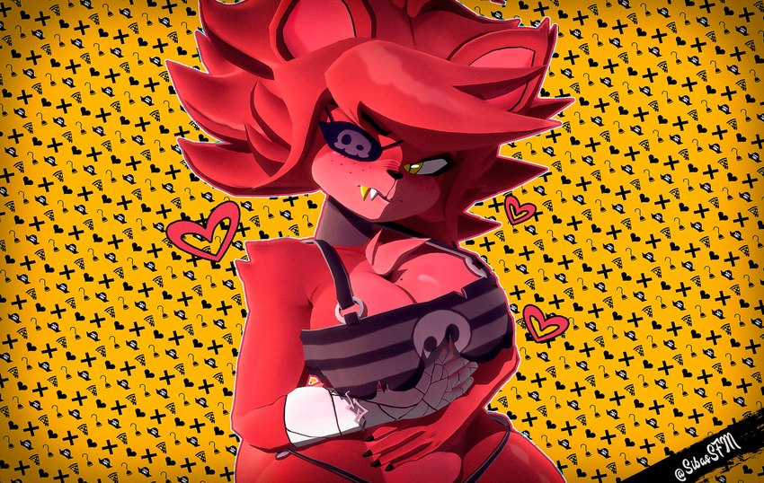 anthro big_breasts breasts chest_tuft cleavage clothed clothing crossgender eye_patch eyewear female gold_(metal) gold_tooth heart_symbol machine mtf_crossgender panties solo tuft underwear yellow_eyes sibas_sfm five_nights_at_freddy's fredina's_nightclub scottgames foxy_(cally3d) foxy_(fnaf) animatronic canid canine fox mammal robot 2024 3d_(artwork) absurd_res digital_media_(artwork) hi_res