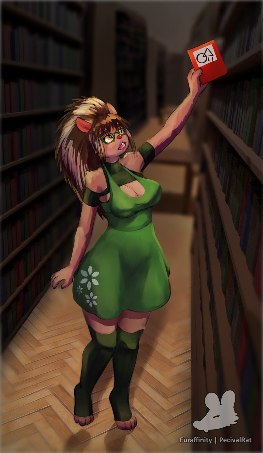 anthro biped book bookshelf breasts brown_body brown_eyebrows brown_fur cleavage clothed clothing detailed_background dress eyebrows eyewear feet female footwear fully_clothed fur furniture glasses green_clothing green_dress green_eyewear green_footwear green_glasses green_socks hindpaw holding_book holding_object inside library logo open_mouth paws pink_inner_ear pink_nose socks solo standing toeless_footwear toeless_socks wearing_glasses pecivalrat gracie_(lightcollardark) mammal porcupine rodent 2024 absurd_res artist_logo digital_media_(artwork) full-length_portrait hi_res portrait shaded