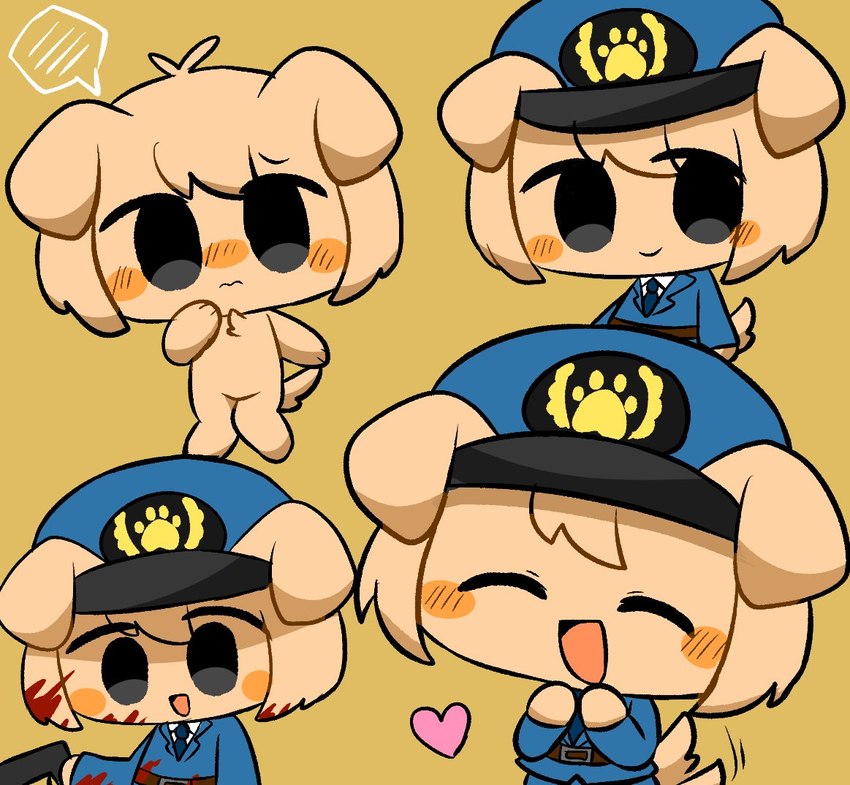 ahoge ambiguous_gender belt black_eyes blood blood_on_arm blood_on_clothing blood_on_face bodily_fluids clothing dog_ears dog_tail fur gun hair holding_gun holding_object holding_ranged_weapon holding_weapon multiple_angles nude open_mouth open_smile own_hands_together police police_hat police_uniform ranged_weapon simple_background smile solo tail tail_motion tailwag tan_body tan_fur uniform weapon yellow_background pepoyo_(artist) pepoyo canid canine canis domestic_dog mammal 2020