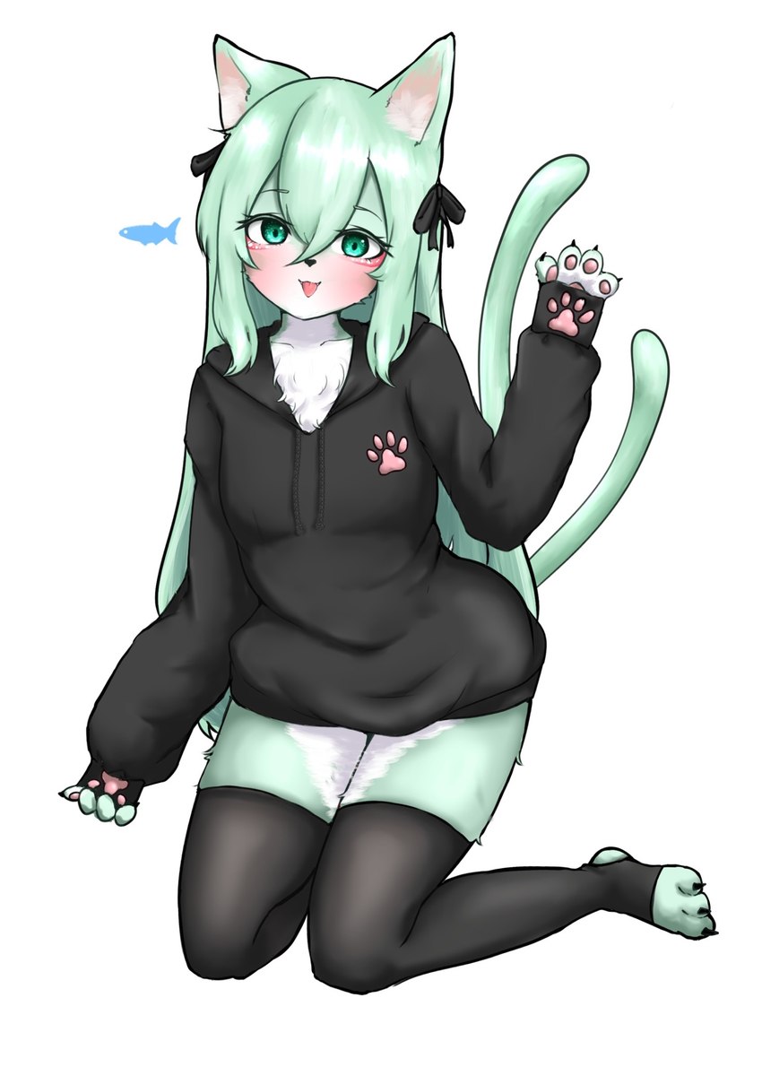 2_tails anthro black_clothing black_hoodie black_legwear black_nose black_stockings black_topwear blush claws clothing female fingerpads fur green_body green_eyes green_fur green_hair hair hoodie inner_ear_fluff legwear looking_at_viewer multi_tail pawpads ribbon_in_hair simple_background smile solo stockings tail topwear tuft white_background white_body white_fur vuaisu domestic_cat felid feline felis mammal 2022 digital_media_(artwork) hi_res