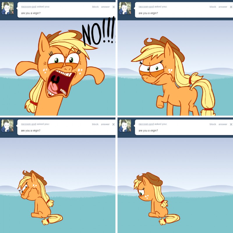 ask_jappleack blonde_hair clothing dialogue female feral green_eyes hair hat headgear headwear quadruped sad solo tail text virginity hotdiggedydemon friendship_is_magic hasbro my_little_pony tumblr applejack_(mlp) earth_pony equid equine horse mammal pony 1:1 english_text hi_res