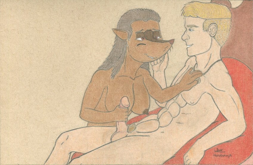 anthro areola balls bite biting_lip blue_eyes breasts brown_areola brown_body brown_fur brown_hair brown_nipples duo erection facial_markings female female_on_human fur genitals hair hand_on_chest handjob head_markings human_on_anthro interspecies intimate light_body light_skin looking_at_another lying male male/female markings nipples nude nude_anthro nude_female nude_male on_back penile penis pubes reclining red_eyes sex simple_background smile whiskers lobar irja fictional_species gjonk human mammal mustelid hi_res traditional_media_(artwork)