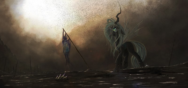 cloud crown exiled female flag green_eyes green_hair hair headgear hole_(anatomy) horn insect_wings outside pupils slit_pupils solo wings ncmares friendship_is_magic hasbro my_little_pony queen_chrysalis_(mlp) arthropod changeling 2014 digital_media_(artwork) hi_res