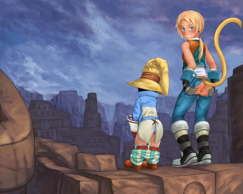 anus blush bottomwear bottomwear_down clothed clothing desolate detailed_background duo looking_at_viewer looking_back outside pants pants_down partially_clothed presenting tail torn_bottomwear torn_clothing torn_pants fairwind final_fantasy final_fantasy_ix square_enix vivi_ornitier zidane_tribal animal_humanoid haplorhine humanoid mammal monkey primate tailed_humanoid censored