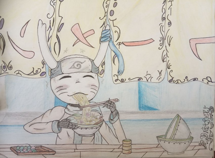 2_horns accessory black_hands black_neck bowl chopsticks clothed clothing container eating eyes_closed fingers food headband holding_bowl holding_chopsticks holding_container holding_object horn male noodles ramen ramen_bowl ramen_noodles ramen_shop sitting solo flor_platsker hollow_knight naruto team_cherry the_knight_(hollow_knight) arthropod vessel_(species) 2023 signature traditional_media_(artwork)