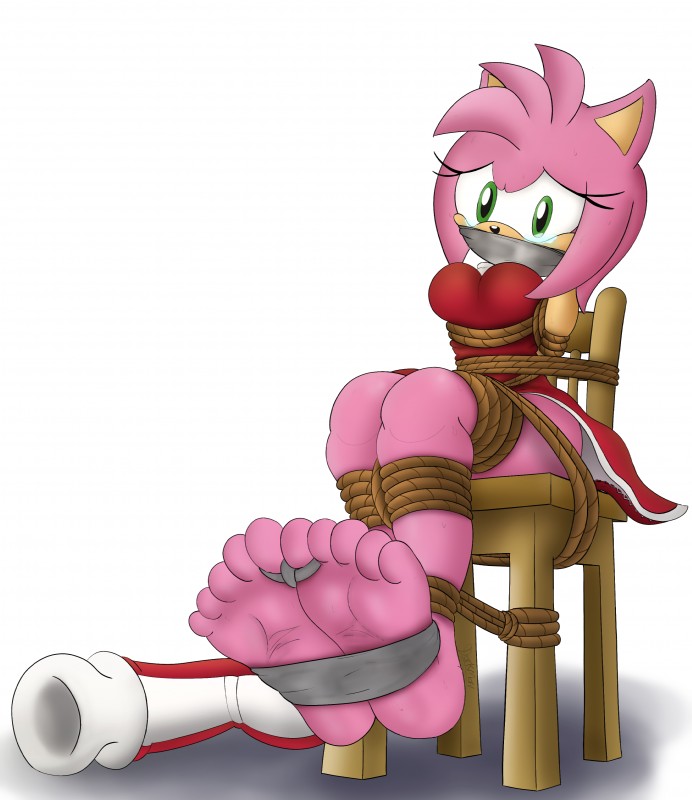 5_toes anthro barefoot bdsm bodily_fluids bondage bound breasts clothed clothing feet female fully_clothed gag gagged looking_at_viewer restraints rope rope_bondage simple_background solo tape tape_gag tears toe_restraints toes toes_tied darkman-zero sega sonic_the_hedgehog_(series) amy_rose eulipotyphlan hedgehog mammal absurd_res hi_res