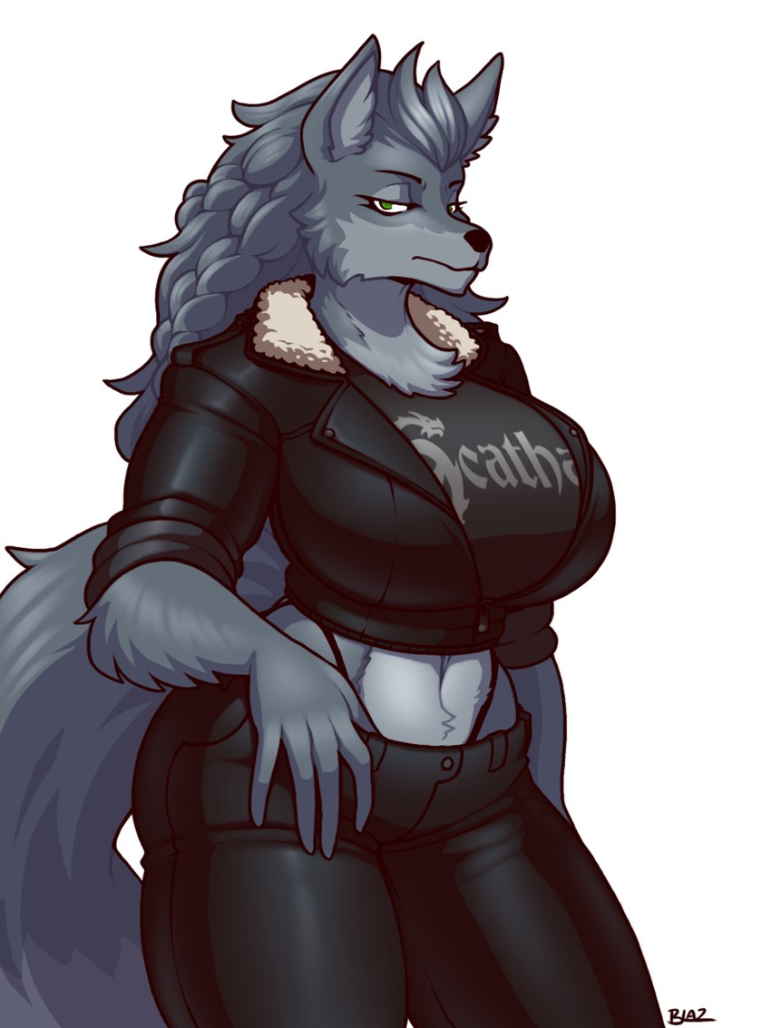 anthro bottomwear breasts clothing female jacket leather leather_bottomwear leather_clothing leather_jacket leather_pants leather_topwear pants shirt solo text text_on_clothing text_on_shirt text_on_topwear topwear blazbaros canid canine canis mammal wolf 2022 3:4 hi_res