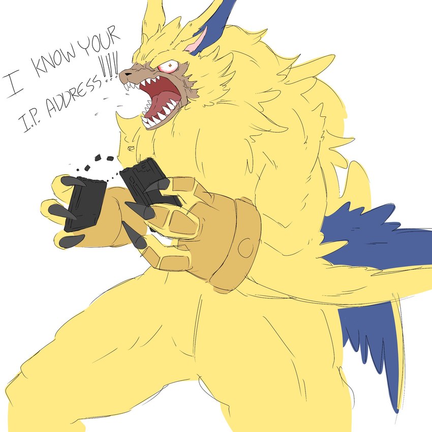 angry anthro claws fur humor long_ears male orange_eyes sharp_teeth solo teeth text winged_arms wings yellow_body yellow_fur roadkilledizzy bandai_namco digimon digimon_ghost_game digimon_(species) lamortmon 1:1 english_text hi_res