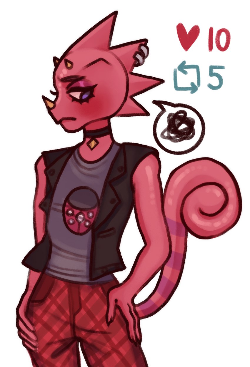 alternative_fashion anthro challenge clothing male punk purple_eyes red_body solo undressing geshache animal_crossing nintendo flick_(animal_crossing) chameleon lizard reptile scalie hi_res