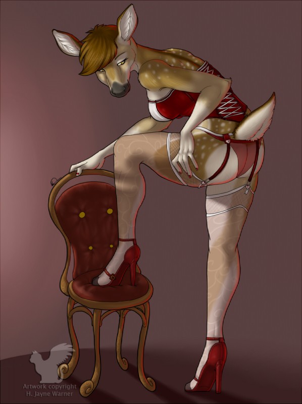 anthro biped butt clothed clothing corset female footwear garter_belt garter_straps high_heels legwear lingerie shoes skimpy solo stockings topwear deathjingle deer mammal hi_res