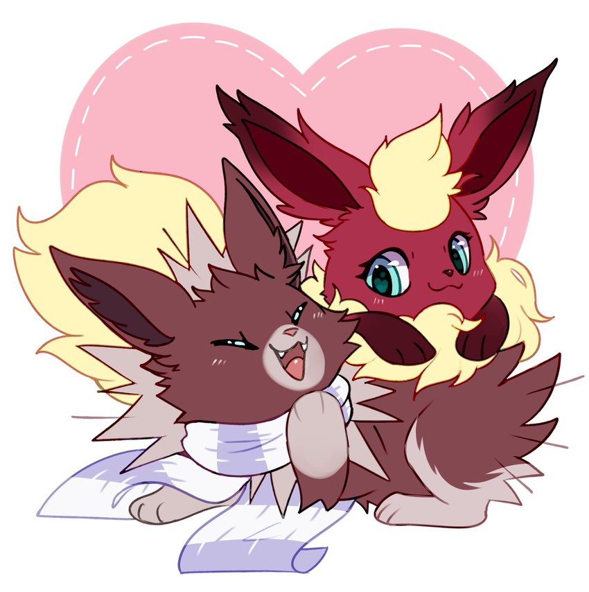 blush duo ear_tuft female feral heart_symbol male male/female scarf tuft unknown_artist nintendo pokemon pinsel_rhead sparky_(gondrag) eeveelution flareon generation_1_pokemon jolteon pokemon_(species) hi_res