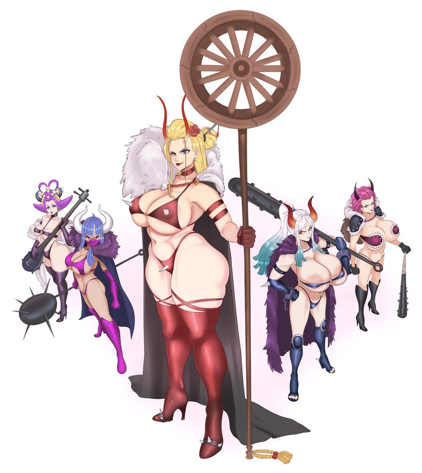 areola areola_slip big_breasts blonde_hair breasts cleavage clothed clothing female footwear group hair high_heels holding_object holding_weapon horn kanabō light_body light_skin not_furry shoes simple_background weapon white_background sundown_(artist) asian_mythology east_asian_mythology japanese_mythology mythology one_piece black_maria_(one_piece) ginrummy_(one_piece) jigoku_benten_(one_piece) ulti_(one_piece) yamato_(one_piece) demon horned_humanoid humanoid oni yokai absurd_res hi_res