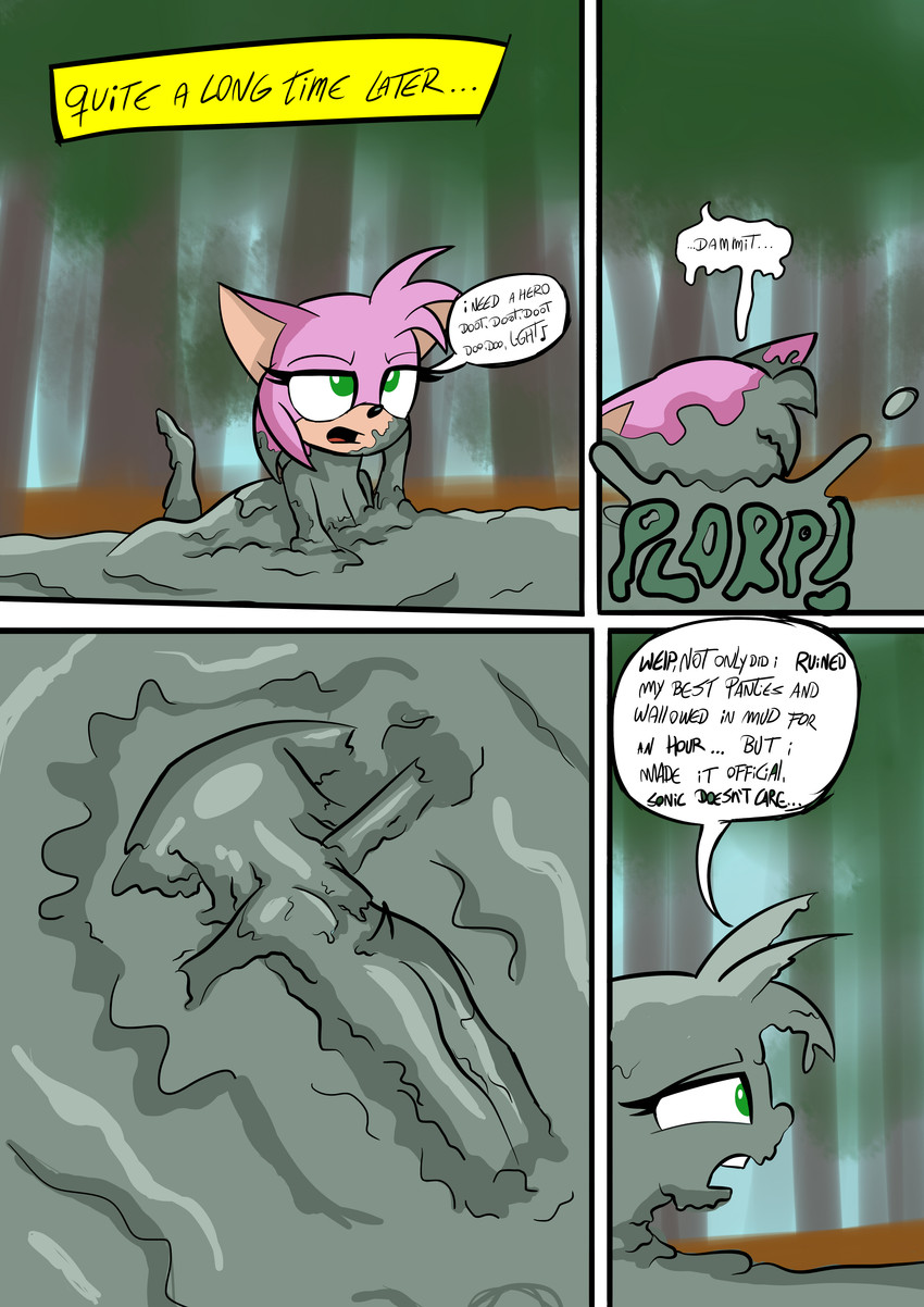 anthro dialogue dirty eyelashes female fur green_eyes messy mud mud_covered onomatopoeia pink_body pink_fur quicksand slim solo sound_effects speech_bubble text wam sebaku sega sonic_the_hedgehog_(series) amy_rose eulipotyphlan hedgehog mammal absurd_res comic digital_media_(artwork) english_text hi_res