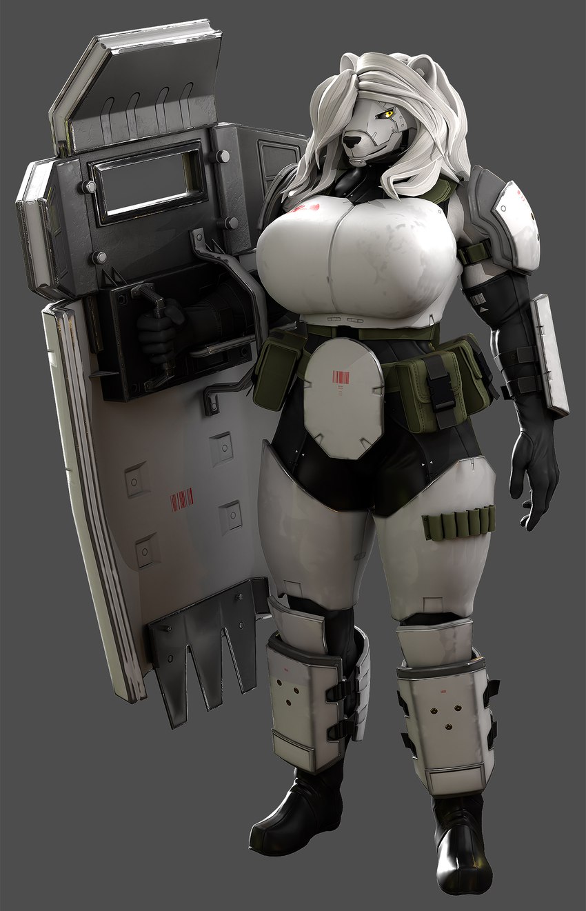 5_fingers anthro armor big_breasts black_nose body_armor boots breasts clothed clothed_anthro clothed_female clothing female fingers footwear fur gloves hair hair_over_eye handwear huge_breasts humanoid_hands mask mature_anthro mature_female riot_shield shield shoes shoulder_pads solo standing white_body white_fur white_hair petruz petruz_(copyright) nataliya_(petruz) bear mammal polar_bear ursine 2024 3d_(artwork) blender_(artwork) digital_media_(artwork) hi_res