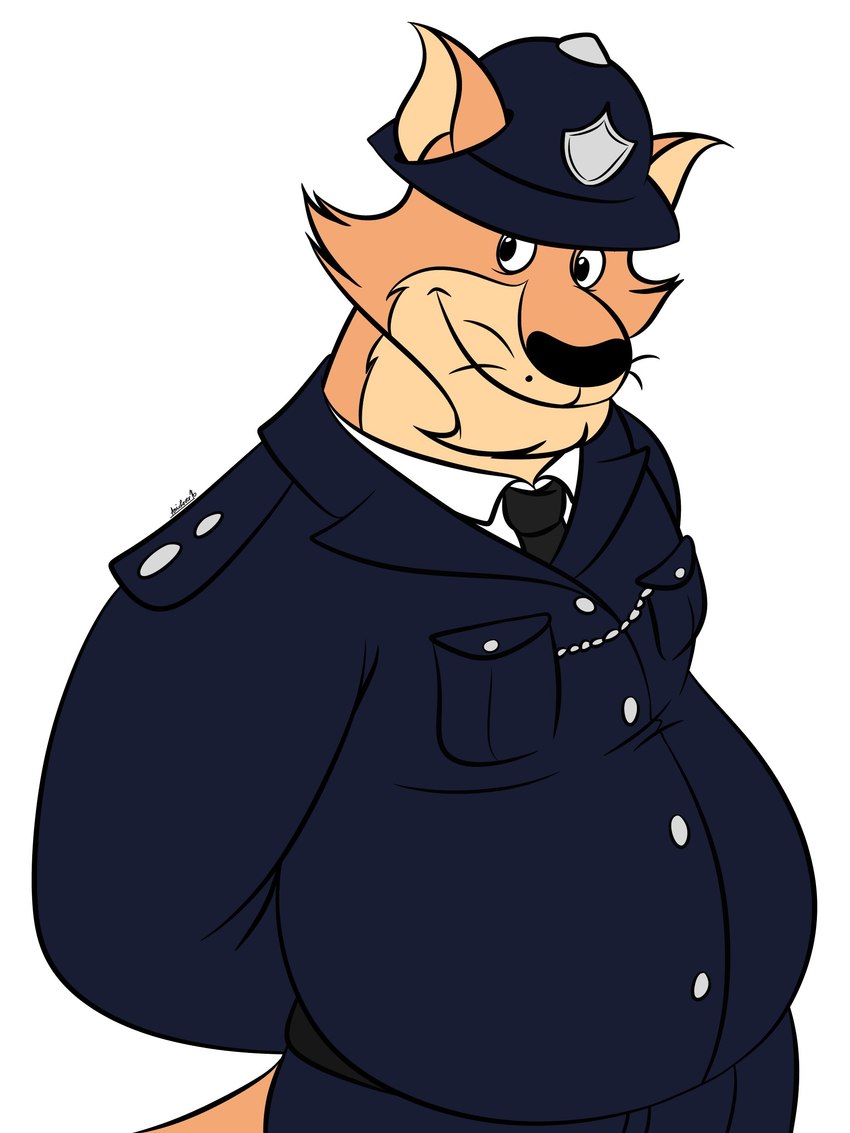 anthro belly big_belly black_nose brown_body clothing hat headgear headwear male overweight overweight_male police police_uniform shirt simple_background solo topwear uniform white_background anilover16 brok_the_investigator cowcat_games sin_silver kangaroo macropod mammal marsupial 2023 3:4 absurd_res hi_res