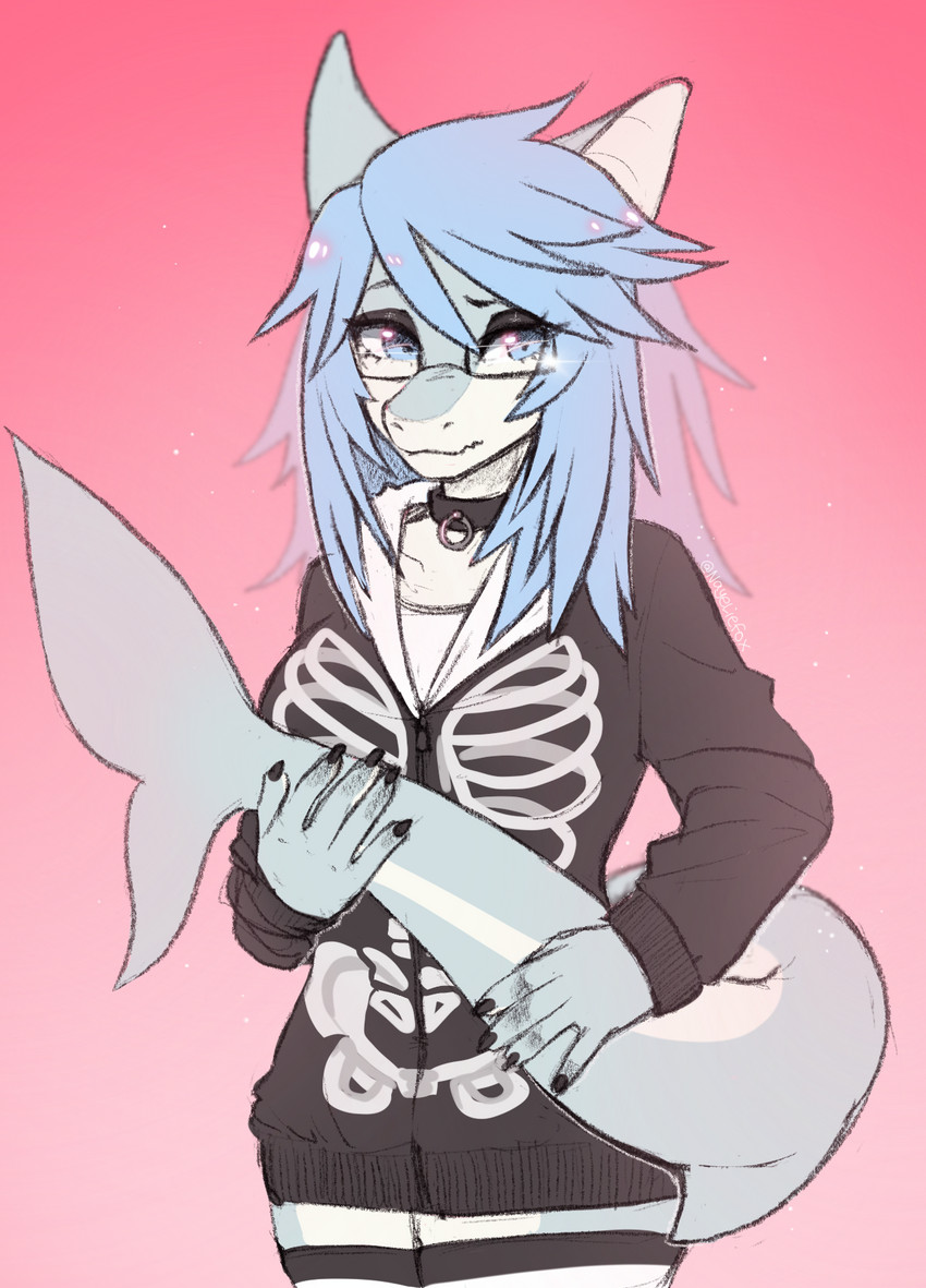 5_fingers anthro blue_eyes breasts eyebrows eyelashes eyewear female fingers glasses non-mammal_breasts simple_background smile solo nayel-ie fish marine shark 2020 digital_media_(artwork) hi_res