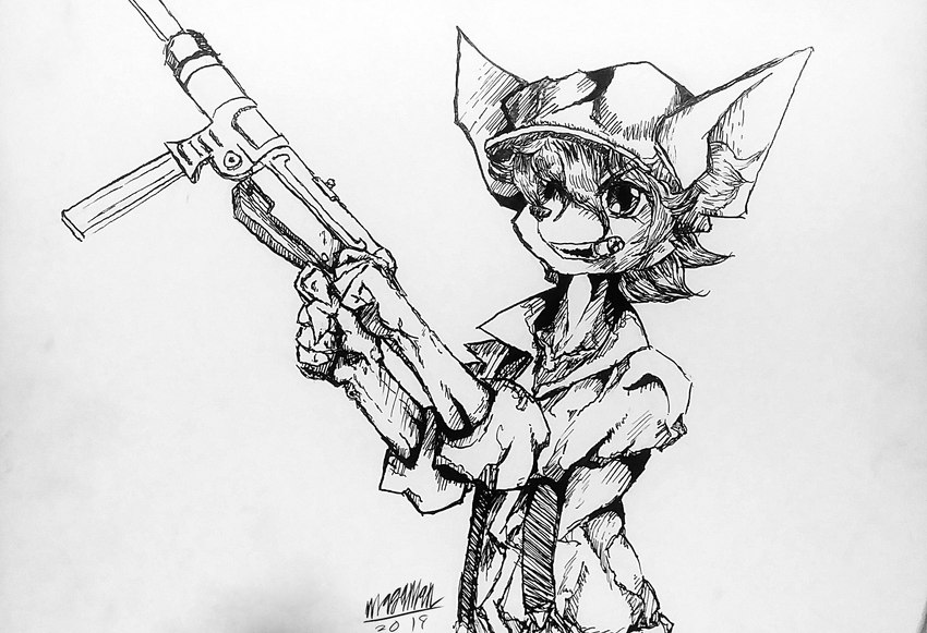 anthro cigar clothing ear_tuft fur gun hair holding_gun holding_object holding_ranged_weapon holding_weapon kemono male mp_40 ranged_weapon rolled_up_sleeves shirt solo submachine_gun suspenders topwear tuft weapon ennendraws cyberconnect2 fuga:_melodies_of_steel little_tail_bronx malt_marzipan canid caninu mammal 2019 hi_res monochrome