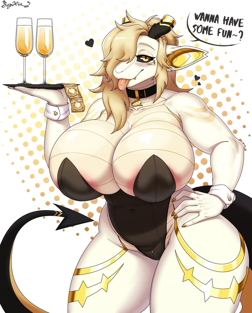 anthro areola beverage big_breasts black_clothing black_leotard blonde_hair breasts clothed clothing condom curvy_figure female gold_(metal) gold_inner_ear gold_jewelry gold_tattoo gold_tooth hair horn huge_breasts jewelry leotard long_hair long_tail looking_at_viewer non-mammal_breasts playboy_bunny scales sexual_barrier_device skimpy solo standing tail thick_thighs three-quarter_view tongue tongue_out unused_condom ventral_scales voluptuous white_body wide_hips wrapped_condom yellow_eyes yellow_inner_ear sophiathedragon mythology sophia_woo_(sophiathedragon) dragon mythological_creature mythological_scalie scalie wingless_dragon 2022 absurd_res hi_res