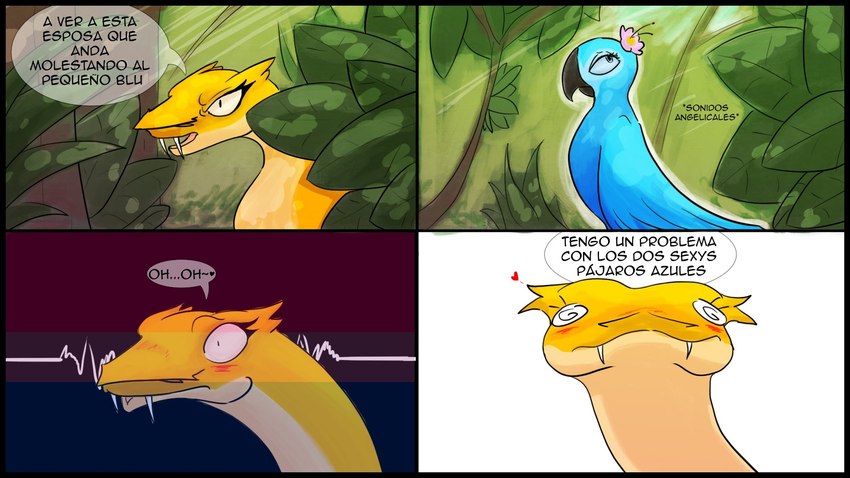 bisexual_pride_colors blue_body blue_feathers duo feathers female female/female feral lgbt_pride pride_colors speech_bubble text yellow_body blasdm1 blu_waifu blue_sky_studios rio_(series) aurora_the_eyelash_viper_(blu_waifu) jewel_(rio) avian bird eyelash_viper macaw neotropical_parrot parrot reptile scalie snake spix's_macaw true_parrot viper 16:9 comic hi_res spanish_text translated widescreen