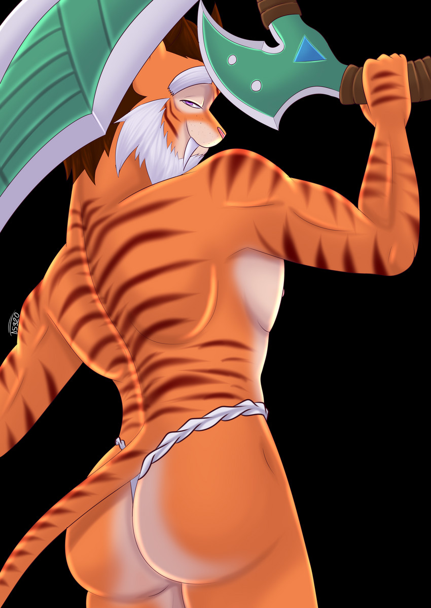 asian_clothing blade butt chakram clothing east_asian_clothing fundoshi japanese_clothing male solo underwear damian5320 hi-rez_studios paladins_(game) tiberius_(paladins) felid mammal pantherine tiger absurd_res alpha_channel hi_res