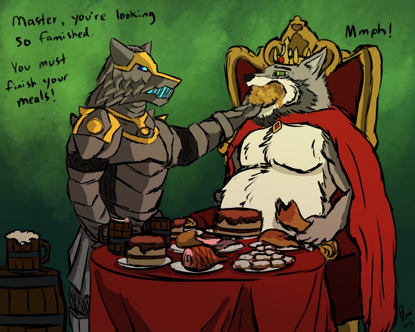 alcohol anthro armor barrel beer belly beverage buns cake chair clothing construct crown dessert duo feeding food force_feeding forced furniture ham headgear king male male/male master mawplay meat metal mouthful overweight overweight_male plate pork robe royalty servant simple_background sitting standing tablecloth throne weight_gain yenocwolf yenoc avian bird canid canine canis chicken galliform gallus_(genus) mammal phasianid wolf 5:4 absurd_res hi_res