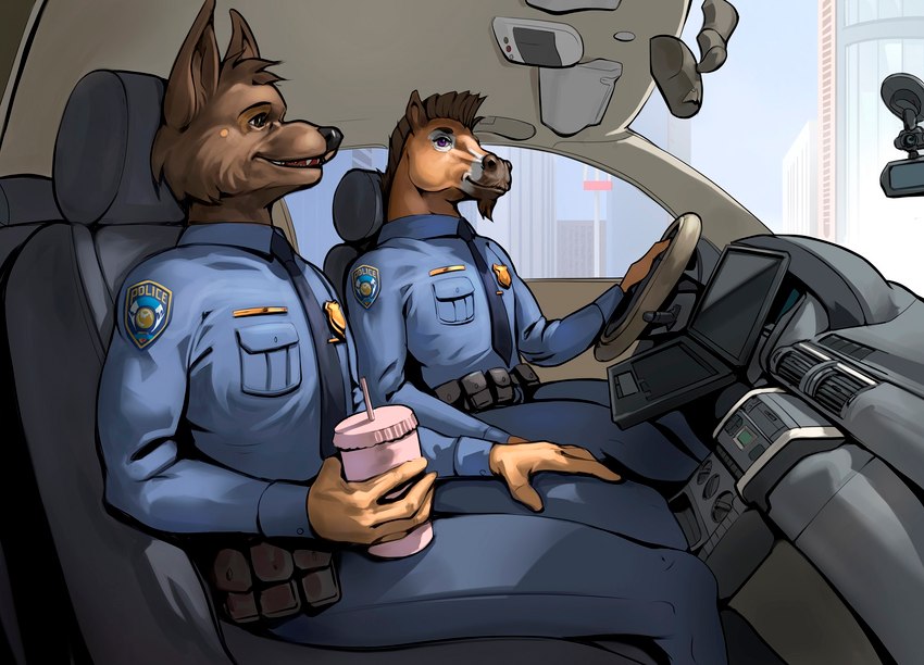 anthro car car_interior clothing driver driving duo inside_car inside_vehicle male motor_vehicle patrol police police_badge police_officer police_uniform uniform vehicle zpd thepimpartist disney zootopia zootopian canid canine canis domestic_dog equid equine horse humanoid mammal wolf hi_res