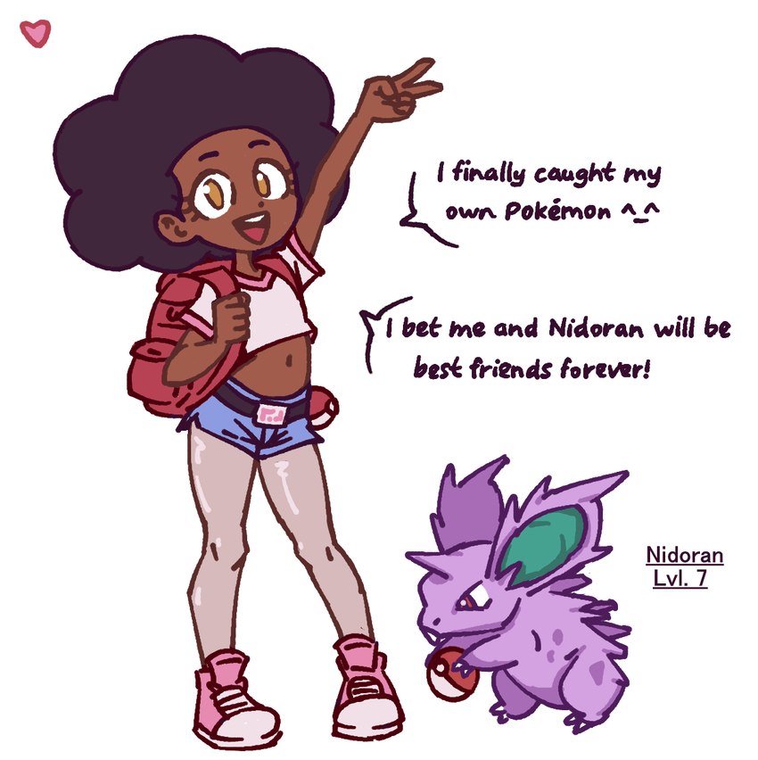 afro backpack bottomwear clothing crop_top dark_body dark_skin duo female feral footwear foreshadowing fur gesture hand_gesture hotpants legwear level_number male midriff navel pokeball purple_body purple_fur shirt shoes shorts smile sneakers standing text tights topwear v_sign yellow_eyes young young_female young_human heartear18 nintendo pokemon generation_1_pokemon human mammal nidoran nidoran♂ pokemon_(species) english_text hi_res