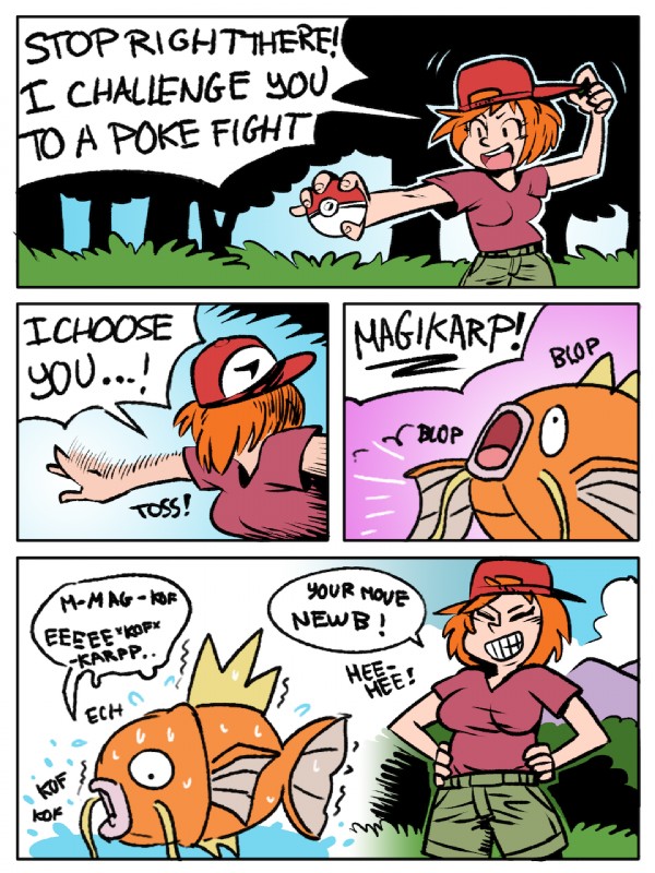 bodily_fluids clothed clothing confident dialogue duo female fully_clothed grass grin humor laugh open_mouth open_smile outside plant pokemon_speak smile sweat text tree shyguy9 nintendo pokemon carp cyprinid cypriniform fish generation_1_pokemon human magikarp mammal marine pokemon_(species) 2017 3:4 comic english_text hi_res