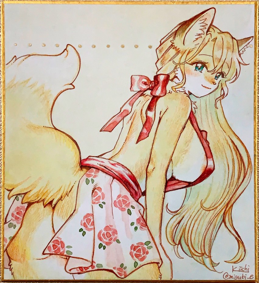 anthro apron areola areola_slip blue_eyes bottomless bottomless_anthro bow_ribbon clothed clothing female flower gold-rimmed_board hair kemono pattern_clothing plant rose_(flower) solo kiichi canid canine fox mammal hi_res