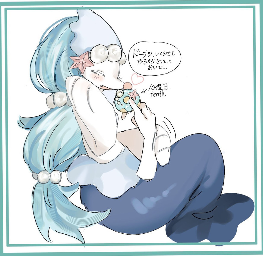 ambiguous_gender anthro blue_hair blush blush_lines dessert disembodied_hand doughnut duo eyelashes eyes_closed fangs feeding food gem hair heart_symbol open_mouth pastry pearl_(gem) simple_background split_form starfish_(accessory) tail teeth text white_body beloved_siren nintendo pokemon asterozoan echinoderm generation_7_pokemon human mammal marine pokemon_(species) primarina starfish 2025 english_text japanese_text translation_request