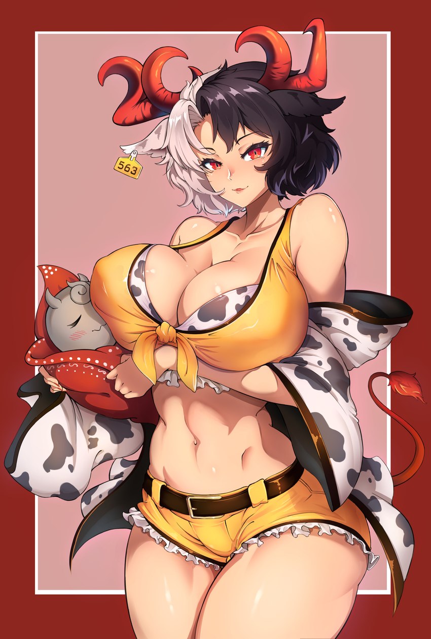 ambiguous_gender animal_print big_breasts bottomwear breasts clothing cow_print duo ear_piercing ear_tag female hair horn hotpants huge_breasts looking_at_viewer multicolored_hair navel piercing red_eyes red_horn shorts solo_focus zzo0 touhou urumi_ushizaki animal_humanoid bovid bovid_humanoid bovine bovine_humanoid cattle_humanoid horned_humanoid humanoid mammal mammal_humanoid ushi-oni 2021 absurd_res hi_res