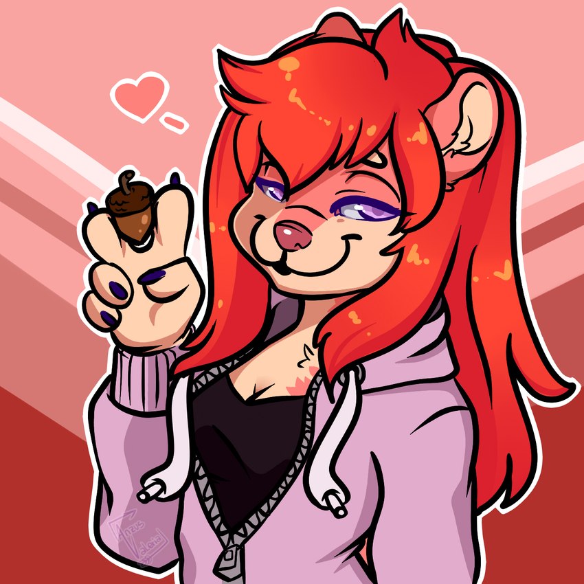 acorn anthro breasts cleavage clothed clothing female food fruit gesture hand_gesture heart_symbol hoodie nut_(fruit) plant smug solo topwear v_sign zipper zipper_down zipper_hoodie anzusv_(artist) kayla_squirrel eurasian_red_squirrel mammal rodent sciurid tree_squirrel 1:1 hi_res icon