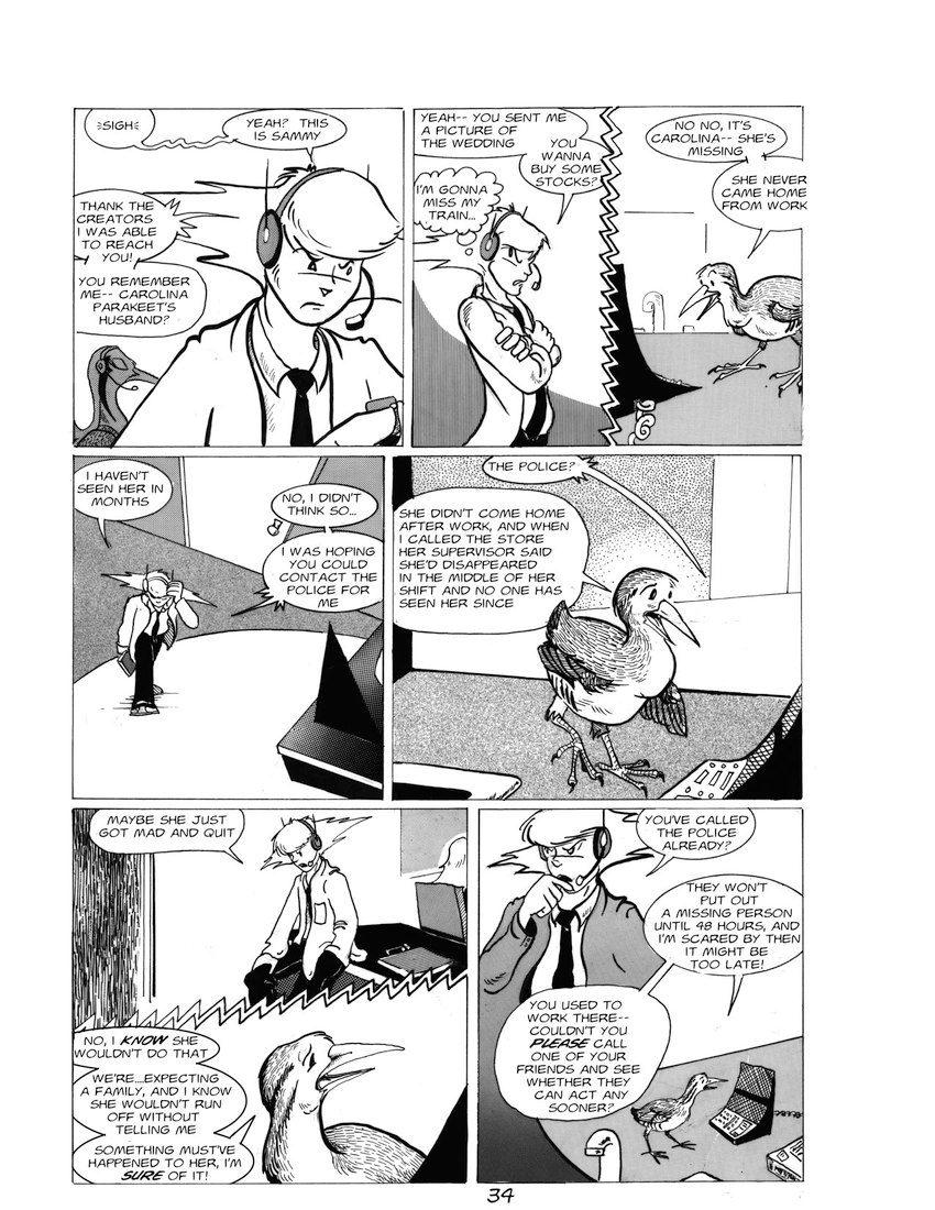 anthro beak clock clothing dialogue duo electronics female feral headphones male necktie open_mouth phone_call secretary solo speech_bubble text thought_bubble watch worried worried_look wristwatch roz_gibson avian bird human mammal 1989 2021 black_and_white comic english_text hi_res monochrome