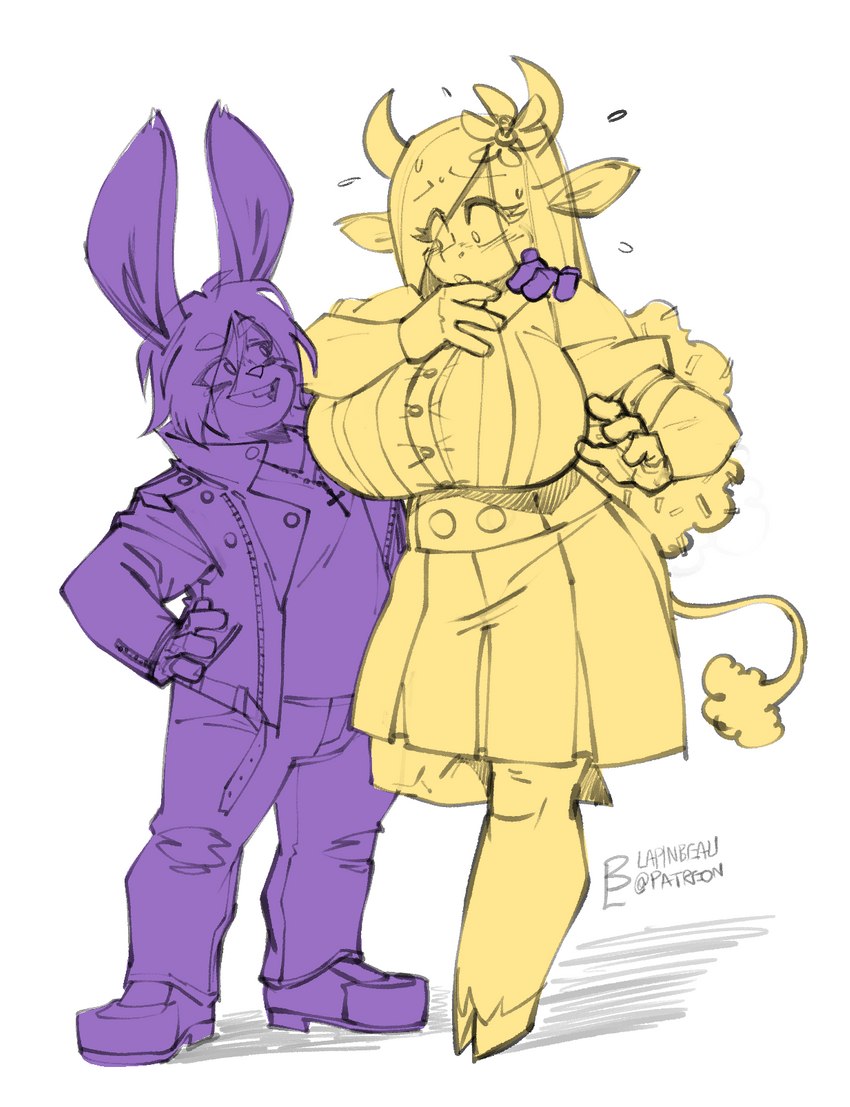 big_breasts bottomwear breasts clothed clothing duo female furgonomics huge_breasts jacket male size_difference skirt smaller_male tail tail_through_skirt topwear naughtyjester ruby_(rubyluvcow) bovid bovine cattle lagomorph leporid mammal rabbit arthur_(disambiguation) hi_res