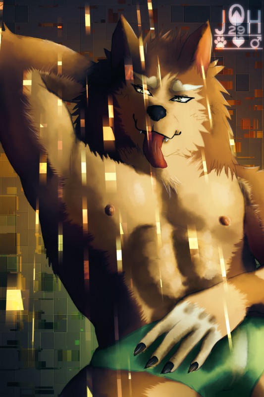 abs anthro biceps brown_body brown_fur bulge claws clothed clothing flexing fur green_eyes hair hand_behind_head heart_symbol long_hair looking_at_viewer male muscular muscular_anthro muscular_male nipples open_mouth pecs pose smile solo teeth tongue topless underwear white_body white_fur joh29 suni canid canine canis domestic_dog german_shepherd herding_dog hybrid mammal pastoral_dog wolf 2013 digital_media_(artwork) hi_res