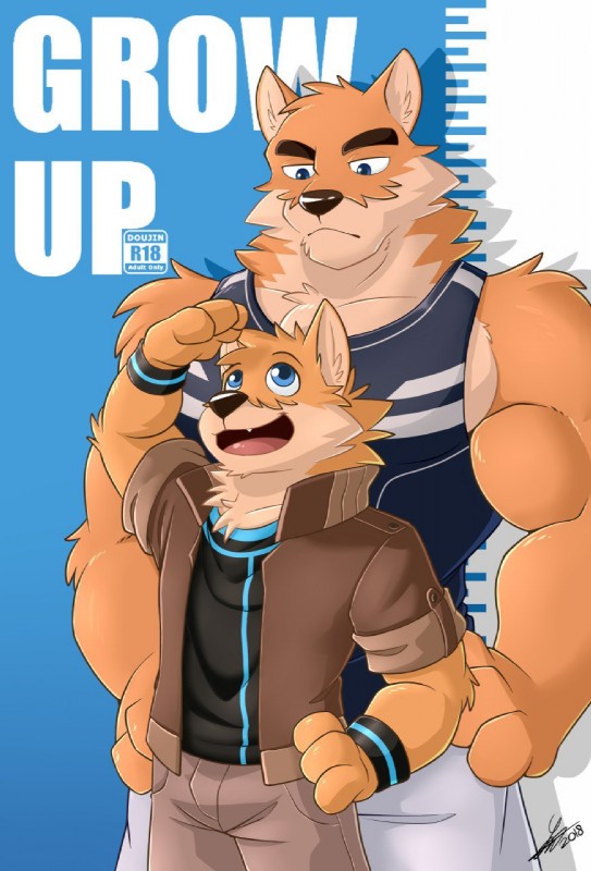 anthro biceps big_muscles blue_eyes chest_tuft clothing duo fangs fur male muscular muscular_male open_mouth pecs tan_body tan_fur teeth tuft greydaboy otake takemoto canid canine canis domestic_dog mammal 2018 digital_media_(artwork) hi_res