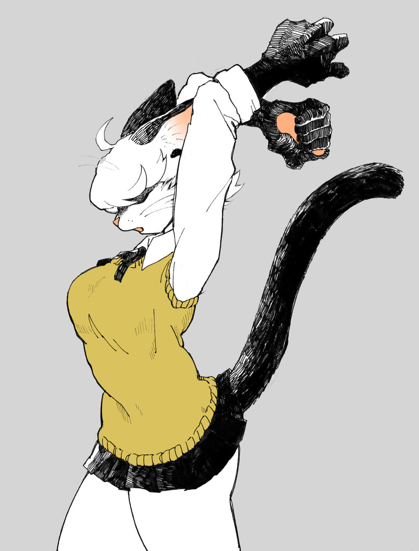 anthro big_breasts black_bottomwear black_clothing black_skirt bottomwear breasts clothed clothing female fully_clothed grey_background kemono miniskirt open_mouth raised_arm school_uniform shirt simple_background skirt snout solo standing stretching topwear uniform whiskers pororikin felid feline mammal 2018 hi_res